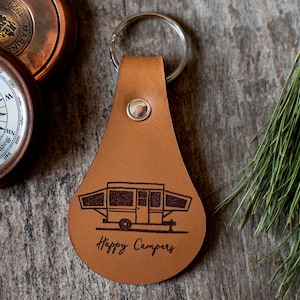 Pop up Camper Keychain, Camping Leather Key Fob Keychain, Personalized Happy Campers Keychain, Pop Up Camper image 1