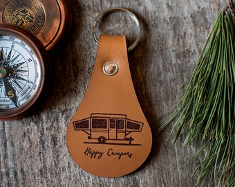 Pop up Camper Keychain, Camping Leather Key Fob Keychain, Personalized  | Happy Campers Keychain, Pop Up Camper