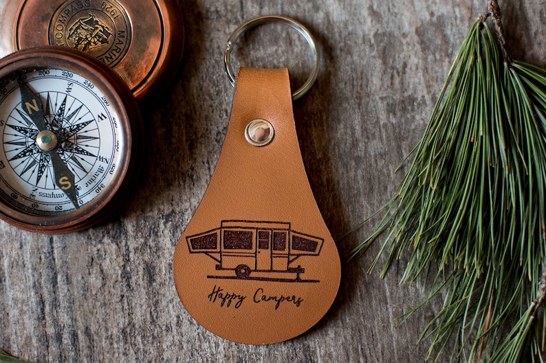 Pop up Camper Keychain, Camping Leather Key Fob Keychain, Personalized Happy Campers Keychain, Pop Up Camper image 1