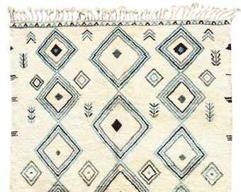 Cream Beni Ourian, Blue Moroccan Rug, Moroccan Rug, Diamond Beni Rug, Handknotted Rug, Berber Rug,Teal, Aqua, Wool Rug, Morocco