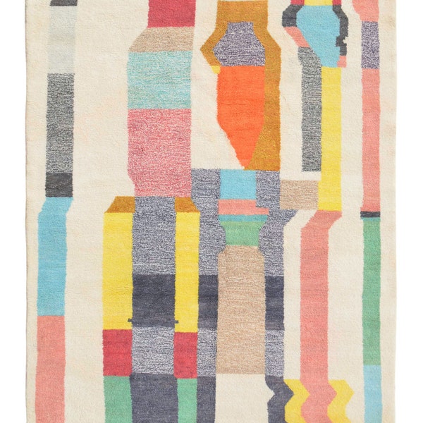 Colorful Moroccan Beni Ourain Rug – Handknotted Wool Berber Area Rug, Bright Boho Decor