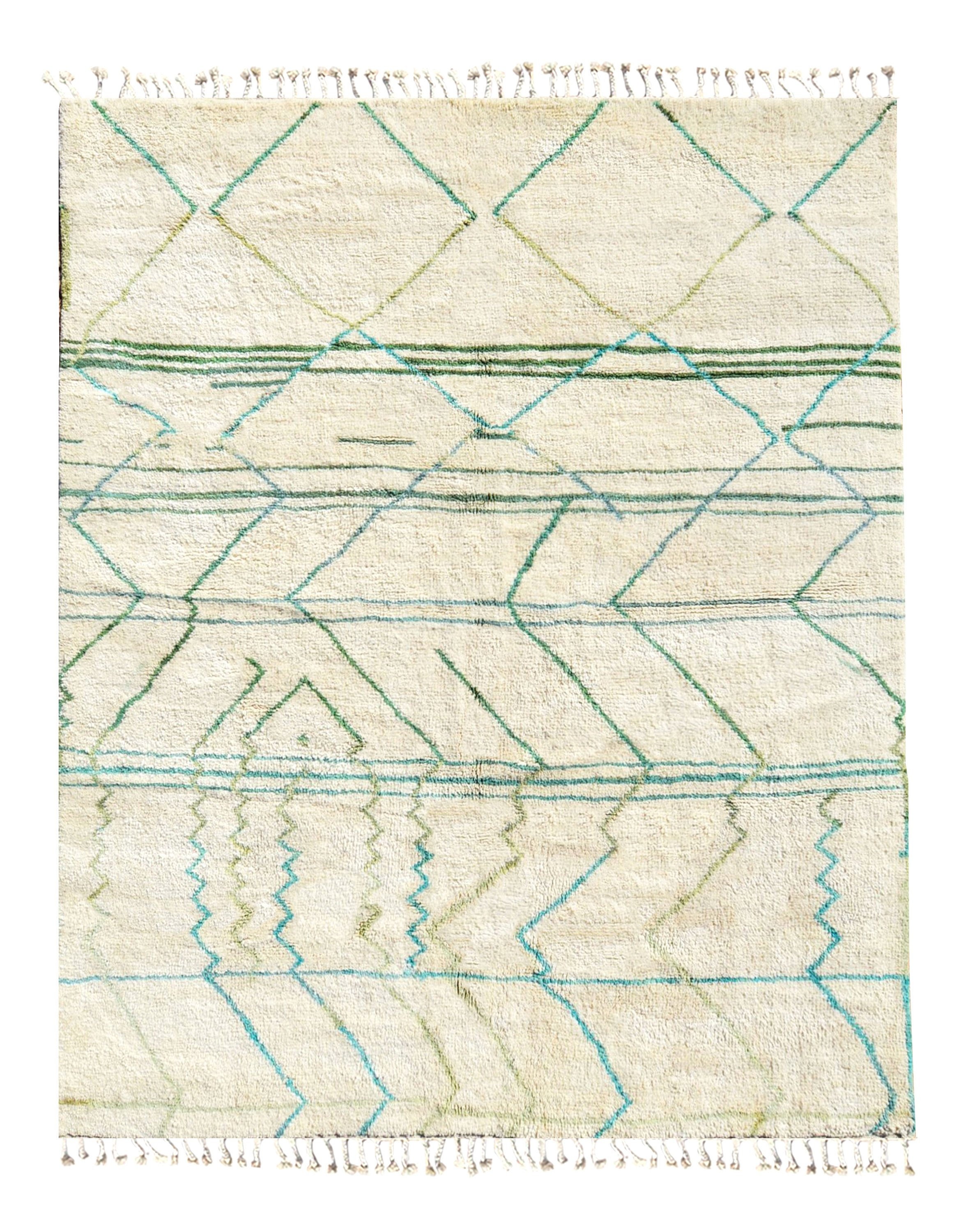 Green Beni Ourian, Blue Moroccan Rug, Diamond Handknotted Berber Rug, Teal, Aqua, Wool Maroc