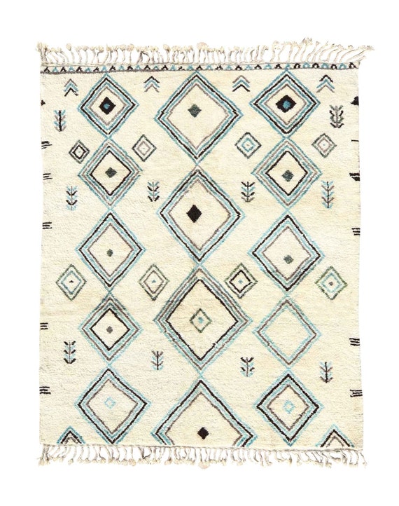 Cream Beni Ourian, Blue Moroccan Rug, Moroccan Rug, Diamond Beni Rug, Handknotted Rug, Berber Rug,Teal, Aqua, Wool Rug, Morocco