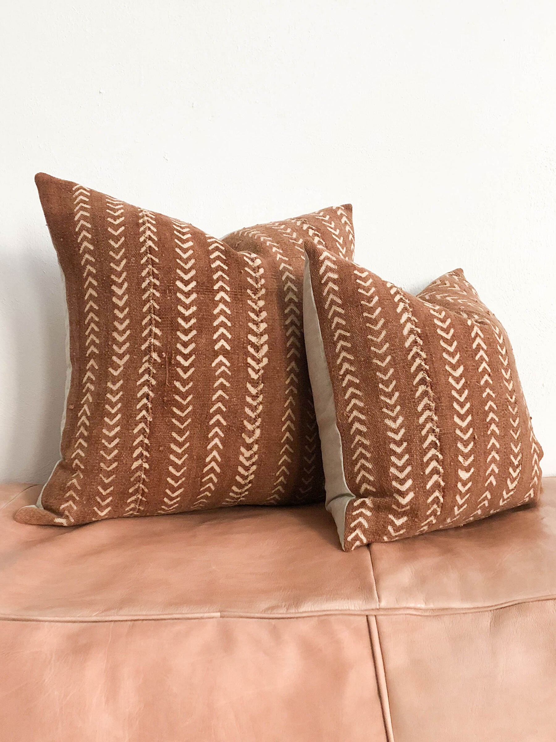 Rust Mudcloth Pillow Cover with Cream Chevron Pattern Etsy