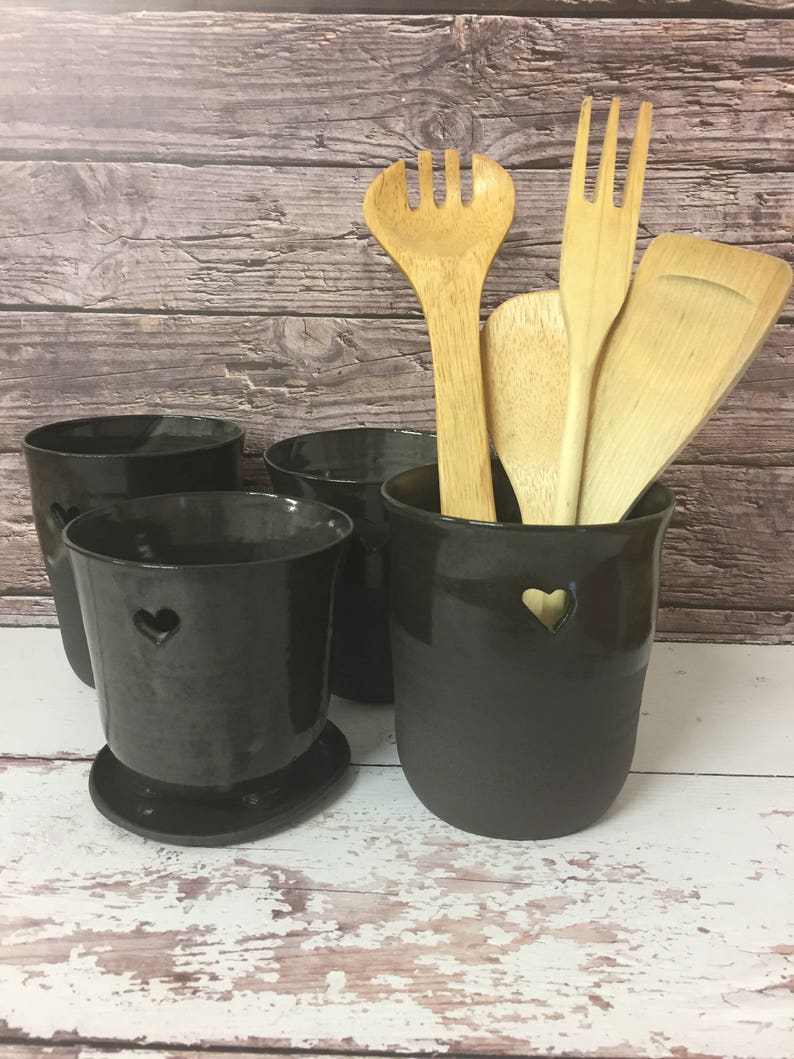 Black Ceramic utensil holder Kitchen container Etsy