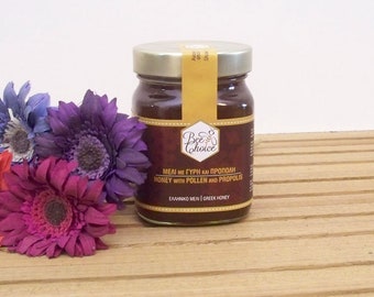 Superfoods. Honey mixed Pollen and propolis, Pure Greek Honey. Fresh multi - flowers pollen. Bee propolis extract.
