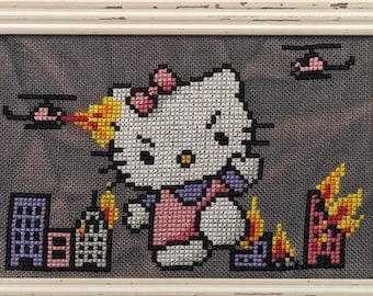 Hell No Kitty Kaiju EASY Cross Stitch Pattern - Instant PDF