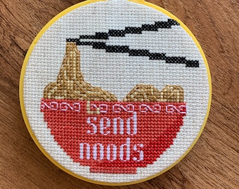 Send Noods funny modern subversive cross stitch pattern for beginners (Ramen Noodle bowl emoji) Dank Memes Xstitch - Instant PDF Download