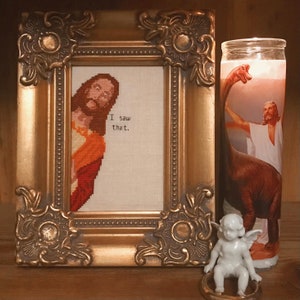 Peeping Jesus Meme cross stitch PDF pattern "I saw that." (Peeking Jesus)