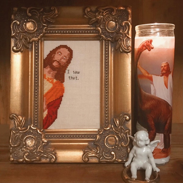 Peeping Jesus Meme cross stitch PDF pattern "I saw that." (Peeking Jesus)