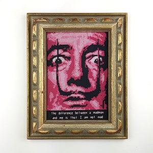 May include: A framed cross-stitch artwork featuring a portrait of Salvador Dalí with his signature mustache. The background is pink and the quote "the difference between a madman and me is that I am not mad" is printed below the portrait.