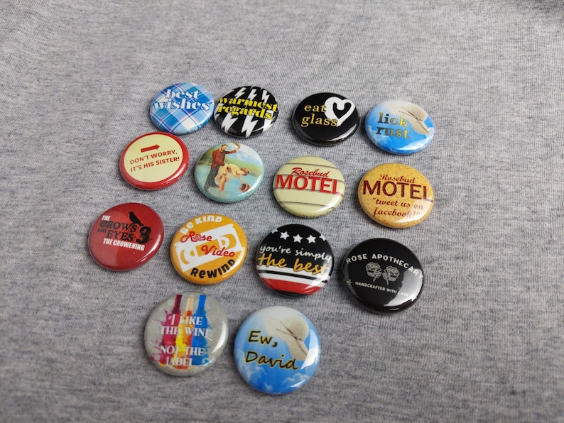 Schitt's Creek inspired flair pin/button set. 14 1 25mm pinback buttons in one set Free US Shipping image 1
