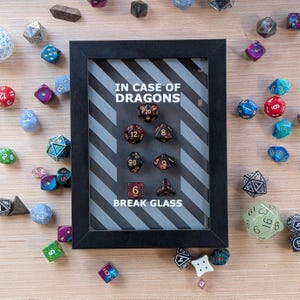 In case of dragons break glass - Emergency Dice Kit Funny Gift for DND/D&D Roleplaying Game RPG fans. (Shadow Box decor) 25 dice colors!