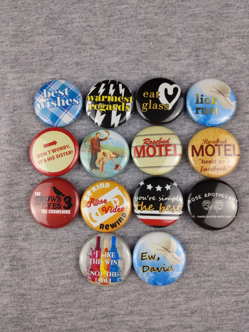 Schitt's Creek inspired flair pin/button set. 14 1 25mm pinback buttons in one set Free US Shipping image 2