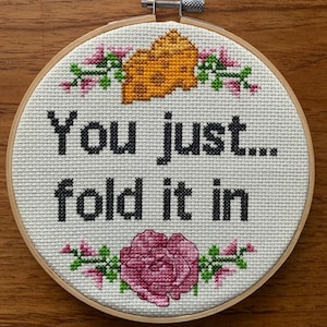 please Schitt\u2019s Creek inspired cross stitch! Fall off a bridge