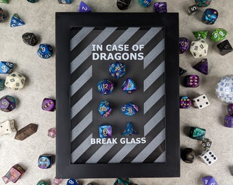 In case of dragons break glass - Emergency Dice Kit Funny Gift for DND/D&D Roleplaying Game RPG fans. (Shadow Box decor)