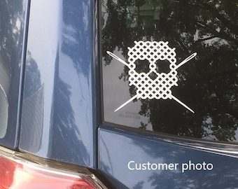 Skull and Crossed Needles Vinyl Decal - Badass Cross Stitcher car bumper sticker or gift, weatherproof vinyl