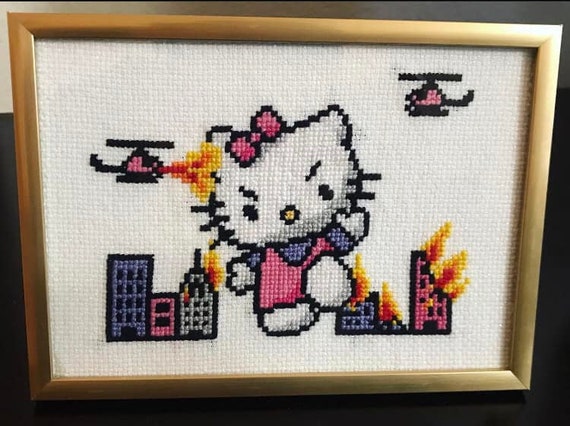 Hell No Kitty Kaiju EASY Cross Stitch Pattern - Instant PDF