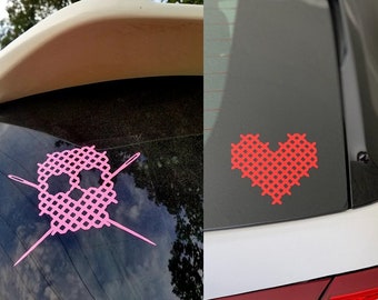 Cross Stitch Decal 2-pack: Stitched Skull and Heart combination (Free US Shipping)