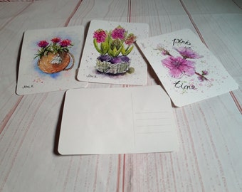 Lot de 3 cartes postales "Fleurs roses"