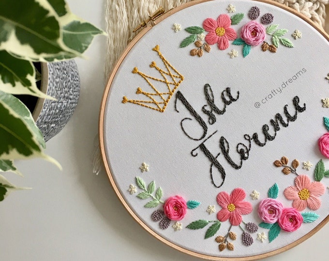 Personalized name embroidery hoop, Floral custom name hoop art