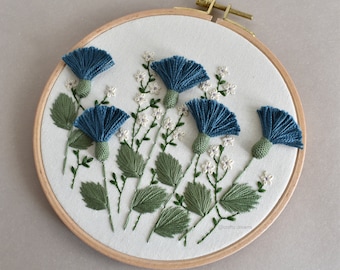Blue thistles embroidered hoop, Floral hoop, 6&quot; wild flowers hoop