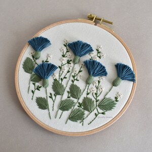 Blue thistles embroidered hoop, Floral hoop, 6 wild flowers hoop image 1