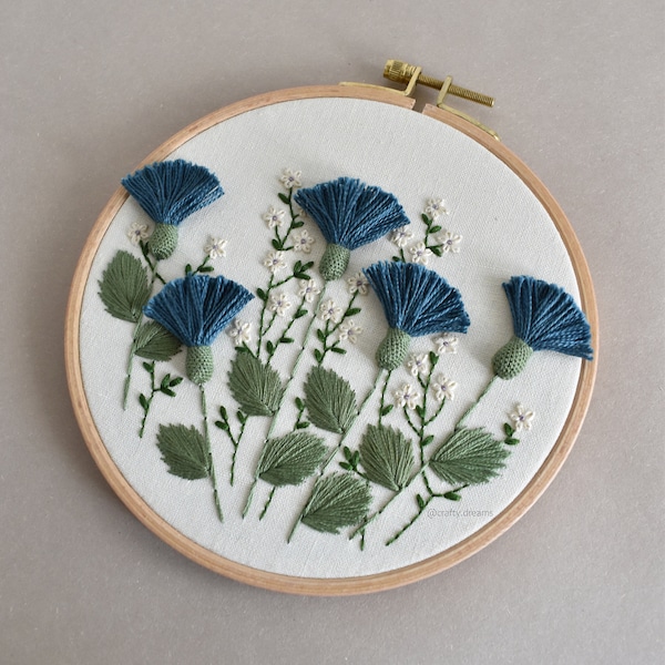 Blue thistles embroidered hoop, Floral hoop, 6" wild flowers hoop