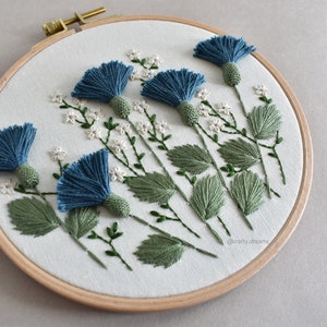 Blue thistles embroidered hoop, Floral hoop, 6 wild flowers hoop image 2