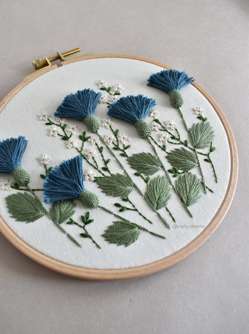 Blue thistles embroidered hoop, Floral hoop, 6 wild flowers hoop image 2