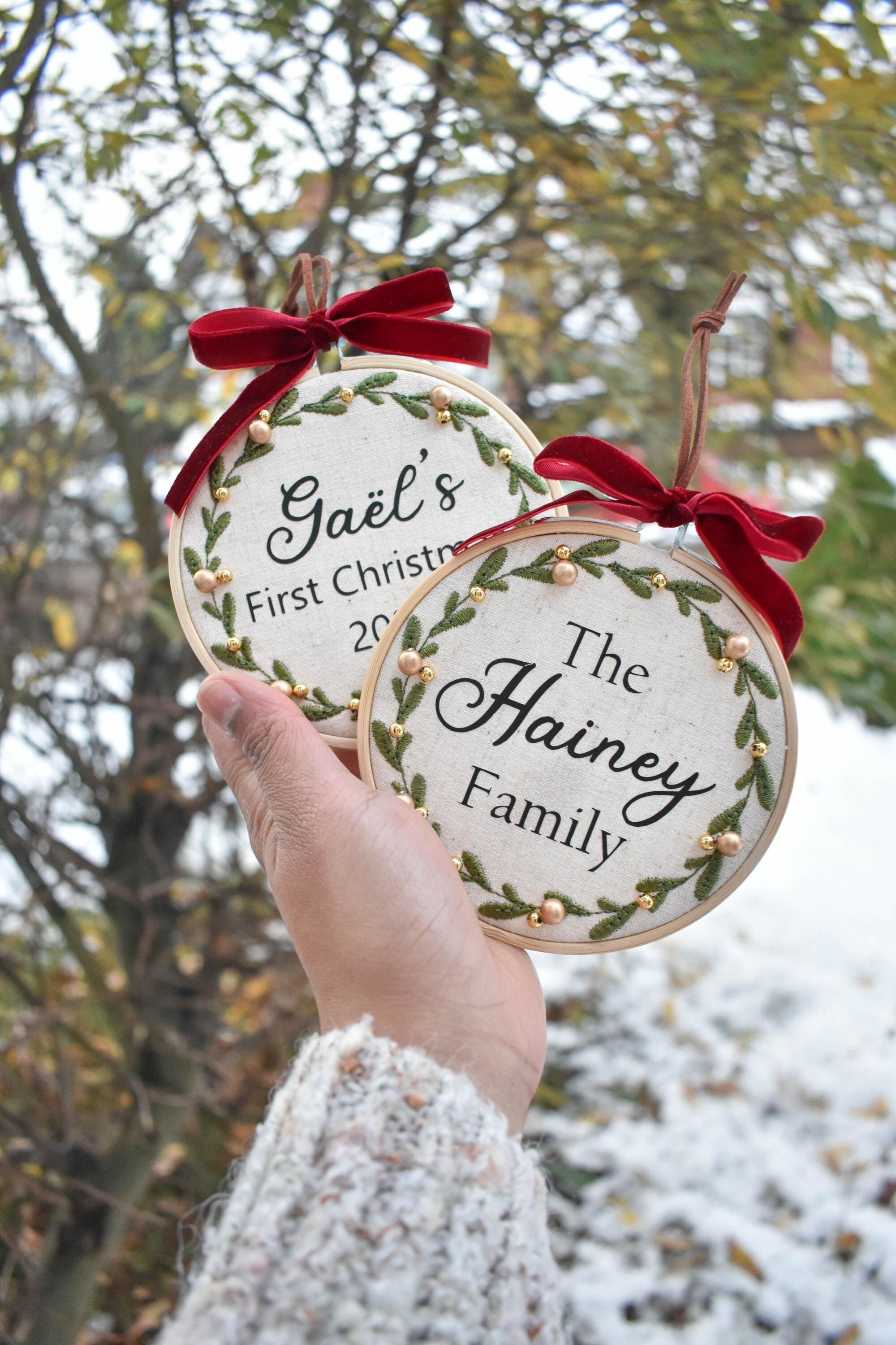 Christmas ornament. Xmas tree bauble. Bauble decoration. Personalised Xmas tree ornament. Embroidered Xmas ornament. Family first Christmas