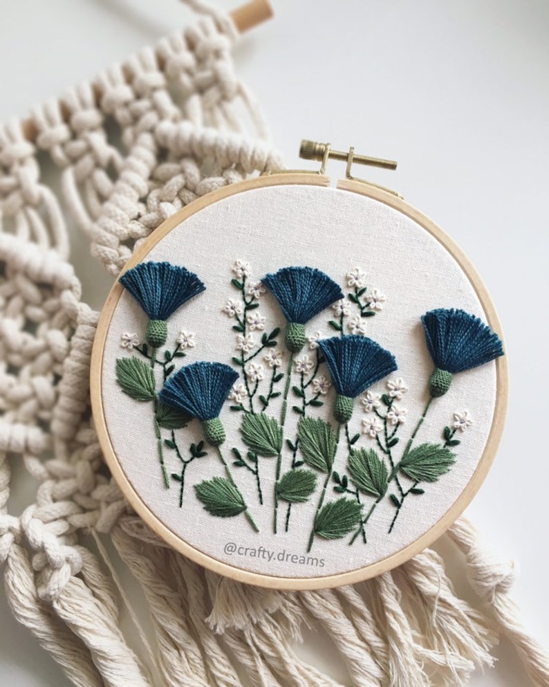 Blue thistles embroidered hoop, Floral hoop, 6 wild flowers hoop image 3