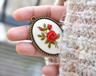 Red rose necklace. Handmade embroidered necklace. Gift for her