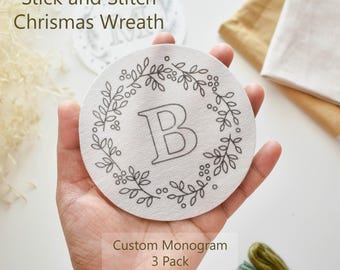 Christmas Wreath Stick & Stitch Embroidery Designs with Monogram. Printed Stitch Templates - Mix Pack