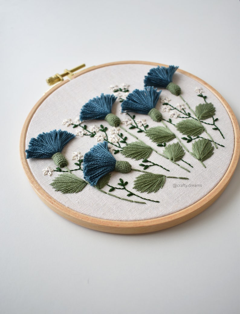 Blue thistles embroidered hoop, Floral hoop, 6 wild flowers hoop image 5