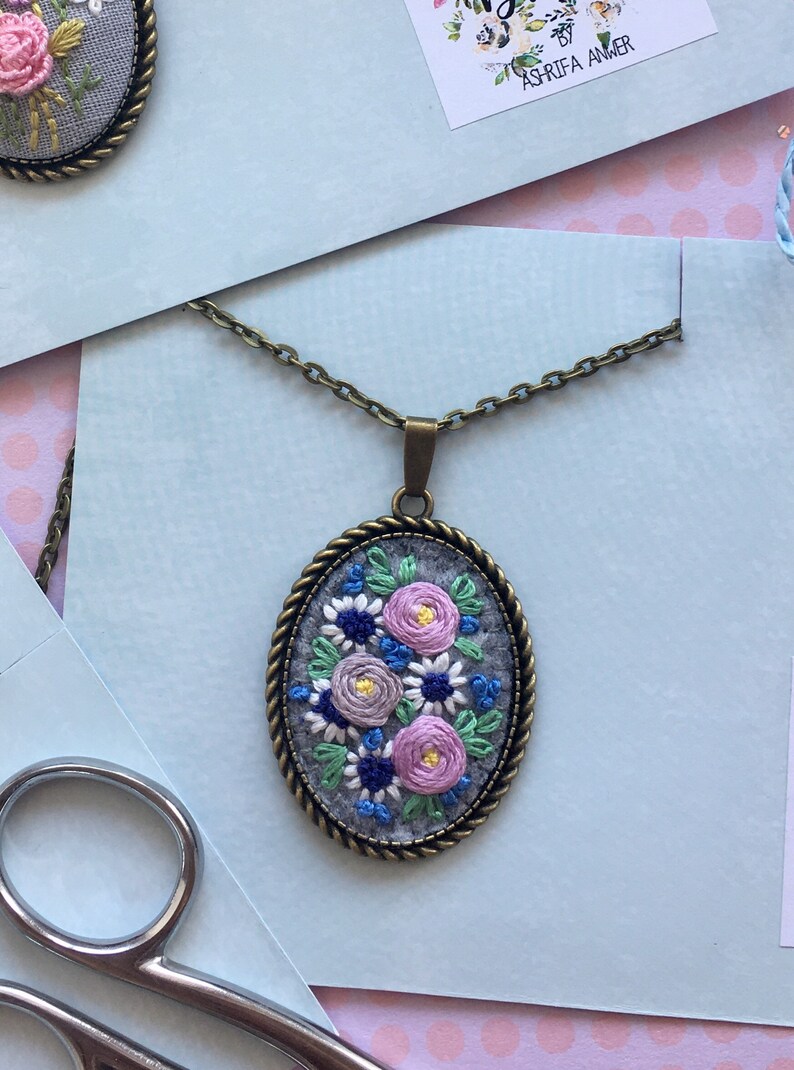 Embroidered necklace. Purple flower necklace. Floral necklace Etsy
