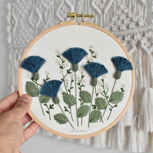 Blue thistles embroidered hoop, Floral hoop, 6 wild flowers hoop image 6