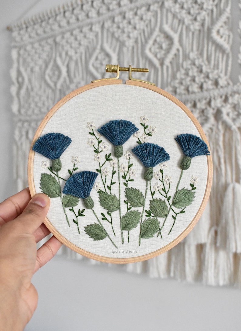 Blue thistles embroidered hoop, Floral hoop, 6 wild flowers hoop image 6