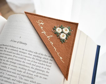 Personalised Embroidered corner bookmark. Felt corner bookmark