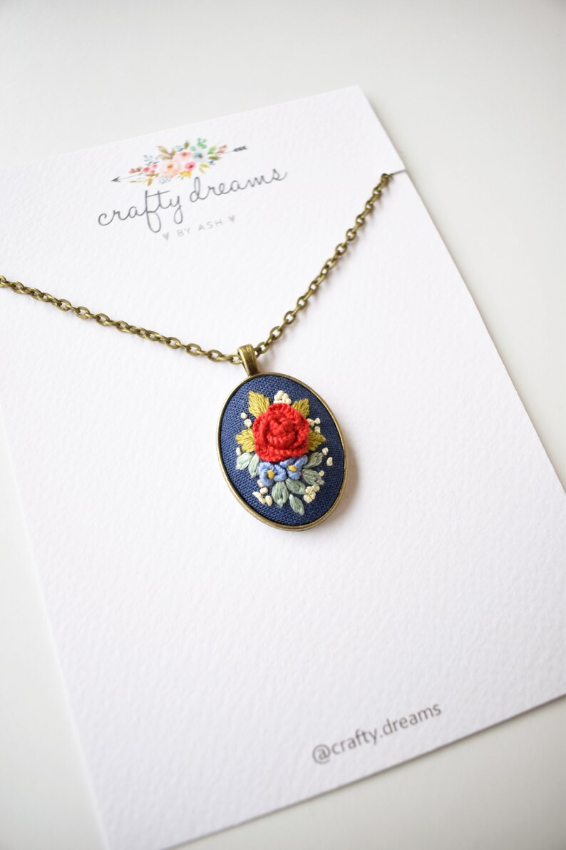 Embroidered Necklace. Rose Necklace. Embroidered Jewelry Etsy