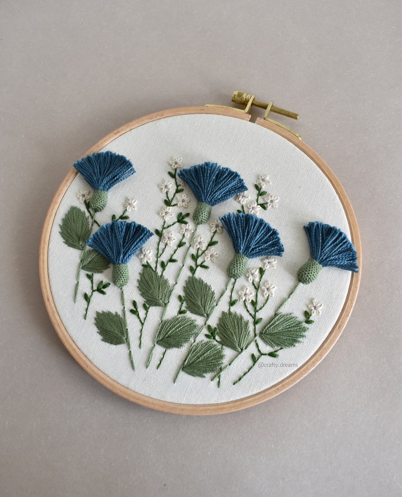 Blue thistles embroidered hoop, Floral hoop, 6 wild flowers hoop image 1