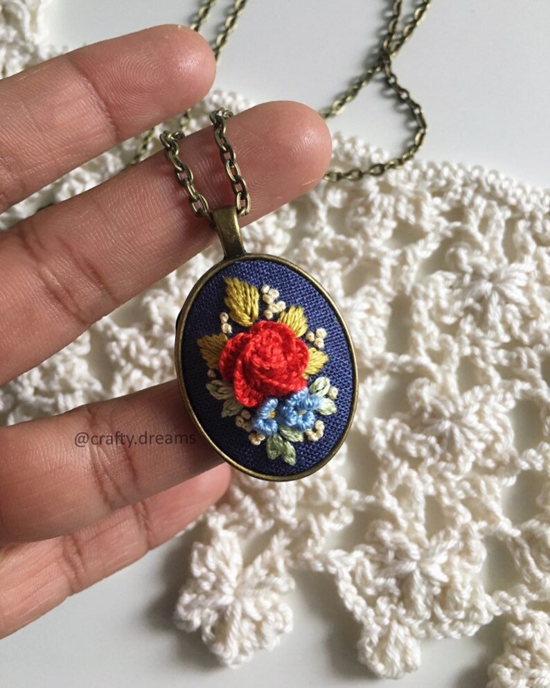 Embroidered Necklace. Rose Necklace. Embroidered Jewelry Etsy