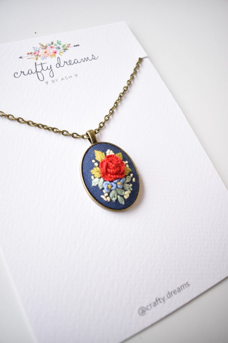 Embroidered Necklace. Rose Necklace. Embroidered Jewelry Etsy