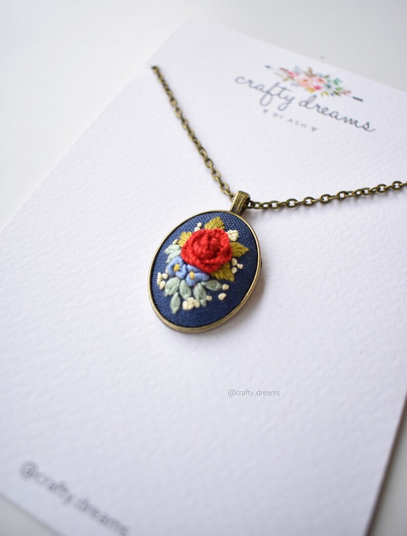 Embroidered Necklace. Rose Necklace. Embroidered Jewelry Etsy