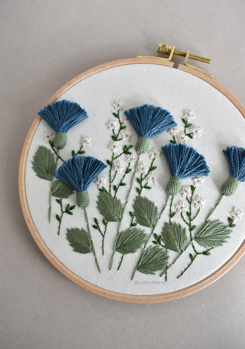 Blue thistles embroidered hoop, Floral hoop, 6 wild flowers hoop image 4