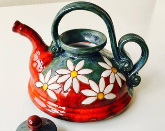 Christmas Gift - Daisy Pottery Gift, Handmade Ceramic Tea Pot, Unique Flower Teapot, Tea Lovers Gift Pot, Hostess Artisan Gift,