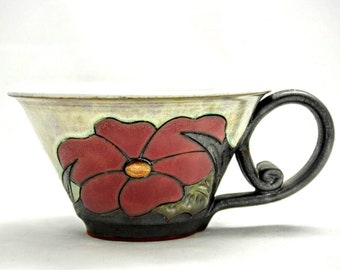 Christmas Gift - Floral serving bowl , Wheel thrown pottery bowl,  Ceramic Soup Cup, Breakfast bowl with handle, Tri Ushi