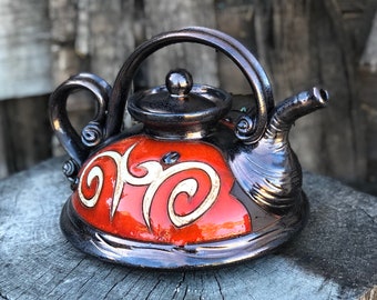 Unique Pottery Teapot, Handmade Ceramic Teapot, Functional Art  Tea maker, Red Pottery Tea Pot, Rustic Pottery Decor, Christmas gift
