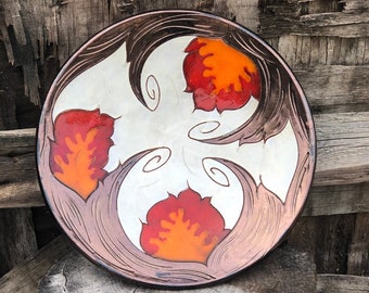 Mothers Day Gift, Handmade Ceramic Decorative Platter, Orange Flower Wall Hanging Plate, Wheel Thrown Earthenware Platter, Fireplace Decor