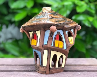 Blue and Yellow Ceramic House, Cottage Candle Holder, Tea Light House, Village House Lantern, Handmade Decorative Pottery